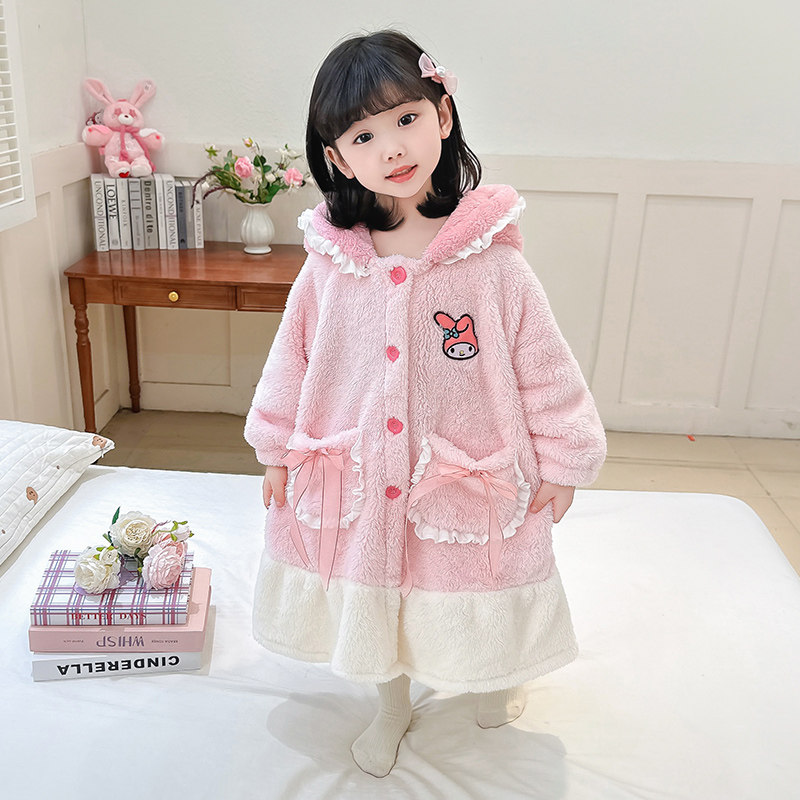 儿童睡袍加厚珊瑚绒秋冬季女童浴袍法兰绒公主睡裙女孩睡衣家居服