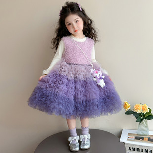 女童绝美连衣裙套装女宝网纱背心裙女孩紫色春装库洛米生日公主裙