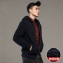 Mùa đông mới cotton trùm đầu áo len nam cộng với áo khoác nhung dày đan phiên bản Hàn Quốc của nam giới Slim - Hàng dệt kim áo da nam