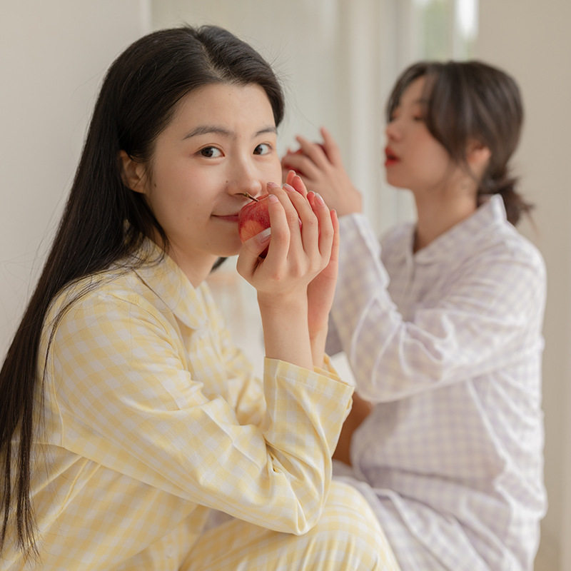 纯棉睡衣女春秋季双层纱布韩版长袖长裤甜美全棉家居服男士家居服