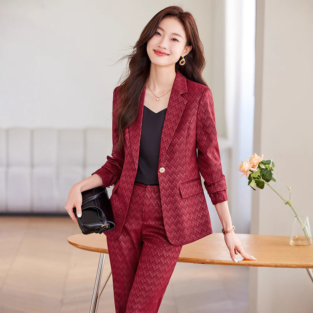 格子套装25年春秋冬季新长袖职业休闲小西装领外套女裤子两件套装
