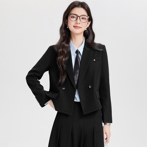 黑色短款西装外套女士小个子高级感职业正装大学生面试百褶裙套装 - 封面