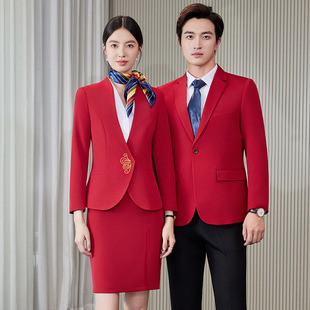 红色中国风餐饮酒店服务员工作服男女款长袖套装高端前台待客工装
