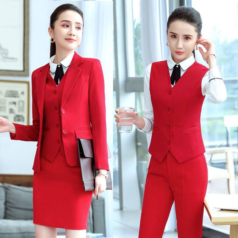 秋冬新品职业女裤套装时尚气质酒店前台大红色长袖西服马甲工作服,女装/女士精品,酒店工作制服,淘宝优惠券,粉丝福利购,淘宝优惠卷