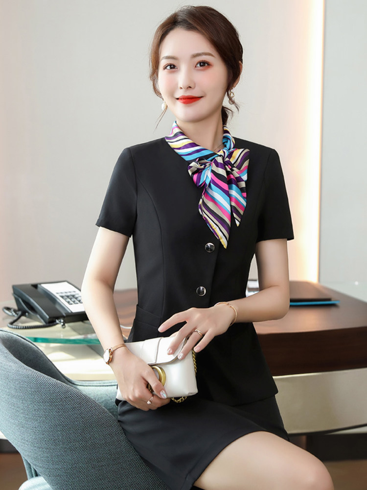 春夏酒店西餐厅饭店前台服务员短职业女裙套装