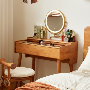 管木匠/小户型超窄实木梳妆台卧室复古樱桃木化妆桌带镜子一体桌