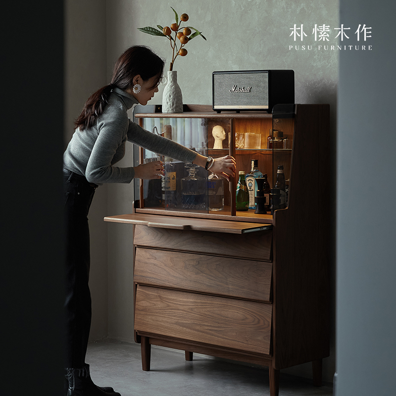 朴愫木作/设计师黑胡桃实木斗柜卧室客厅茶水储物边展示柜梳妆台