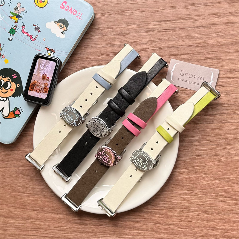 卡通蛋糕小熊适用华为10/9NFC手环8表带Fit4蝴蝶扣腕带皮质秋冬女