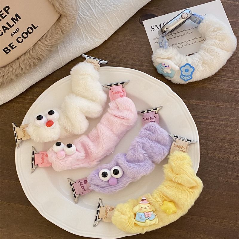 可爱小怪兽毛绒适用苹果s11表带S10代iwatch98s765腕带弹力少女潮