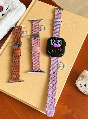 卡通毛绒镶钻猫咪适用苹果s11表带S10代iwatch98s765腕带挂坠秋冬