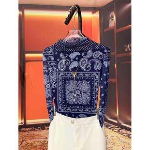 打底衫 显瘦弹力网纱长袖 女上衣印花轻奢 气质修身 防晒T恤春秋新款