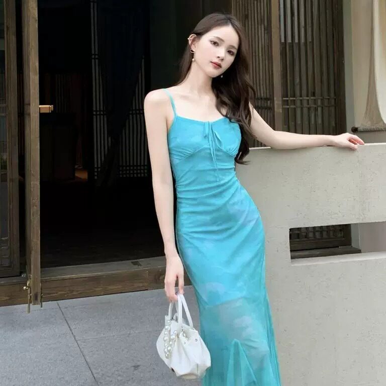 性感9208辣妹纯欲风网纱收腰修身鱼尾长款包臀裙子低胸吊带连衣裙