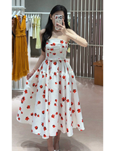 SP25秋冬白色花卉印花缎面抹胸礼服连衣裙长裙