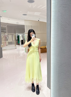 SP25年秋冬黄色雪纺蕾丝拼接百褶连衣裙长裙