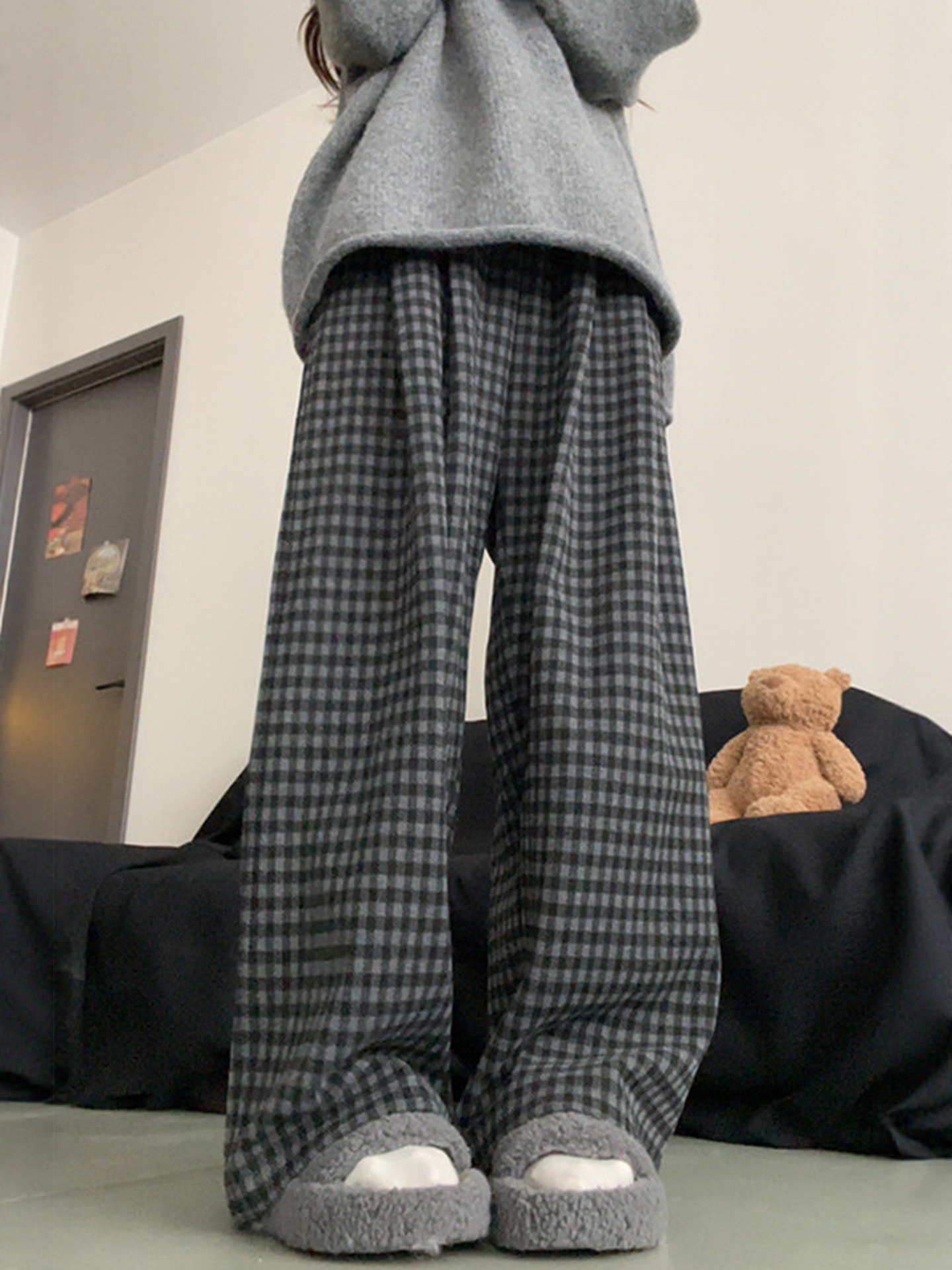 Retro Lazy Style Wide-Leg Pants for Women, Winter Fleece-Lined, Plus Size, High-Waisted, Loose, Drapey, Slimming, Casual Long Pants