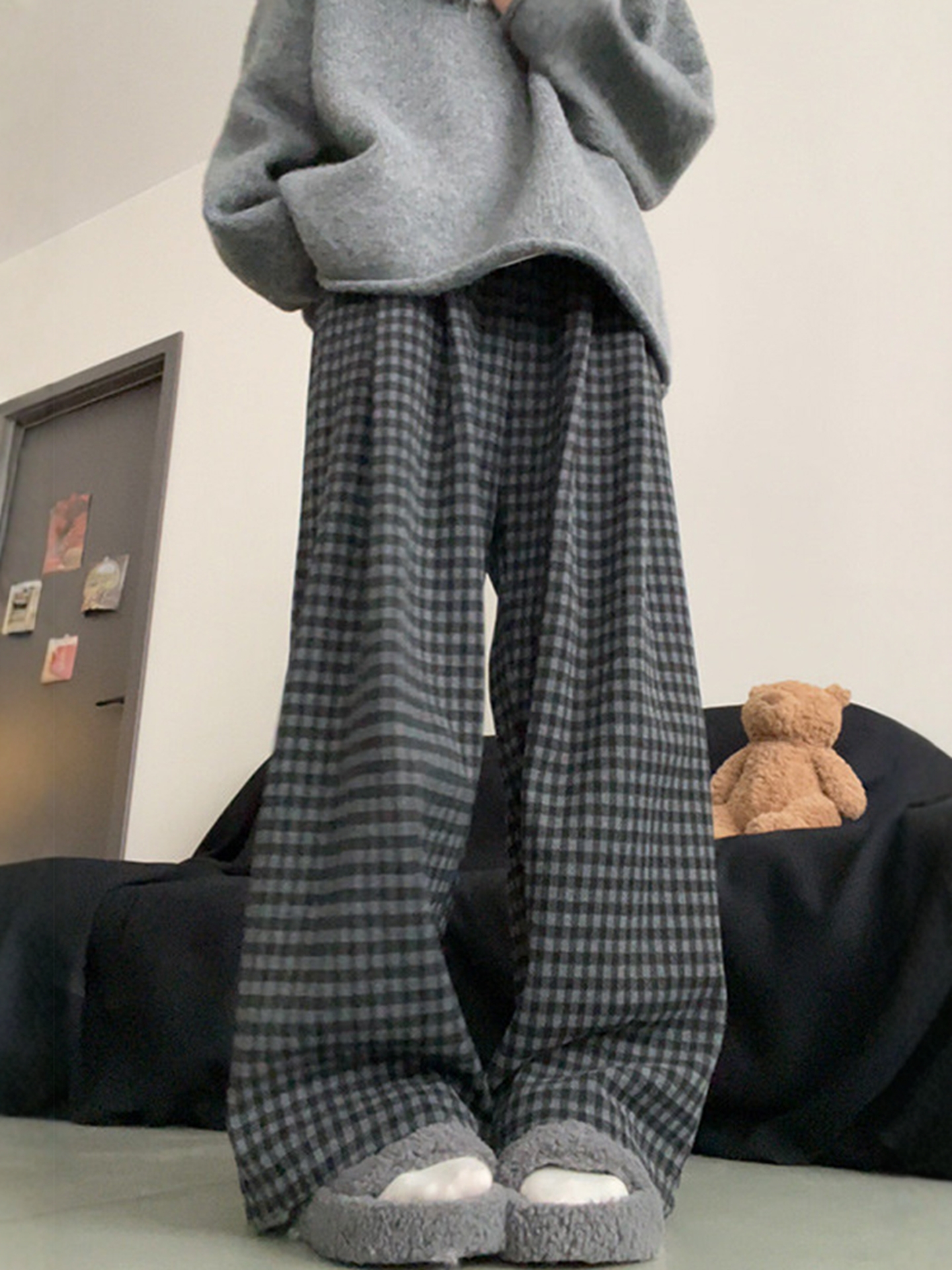 Retro Lazy Style Wide-Leg Pants for Women, Winter Fleece-Lined, Plus Size, High-Waisted, Loose, Drapey, Slimming, Casual Long Pants