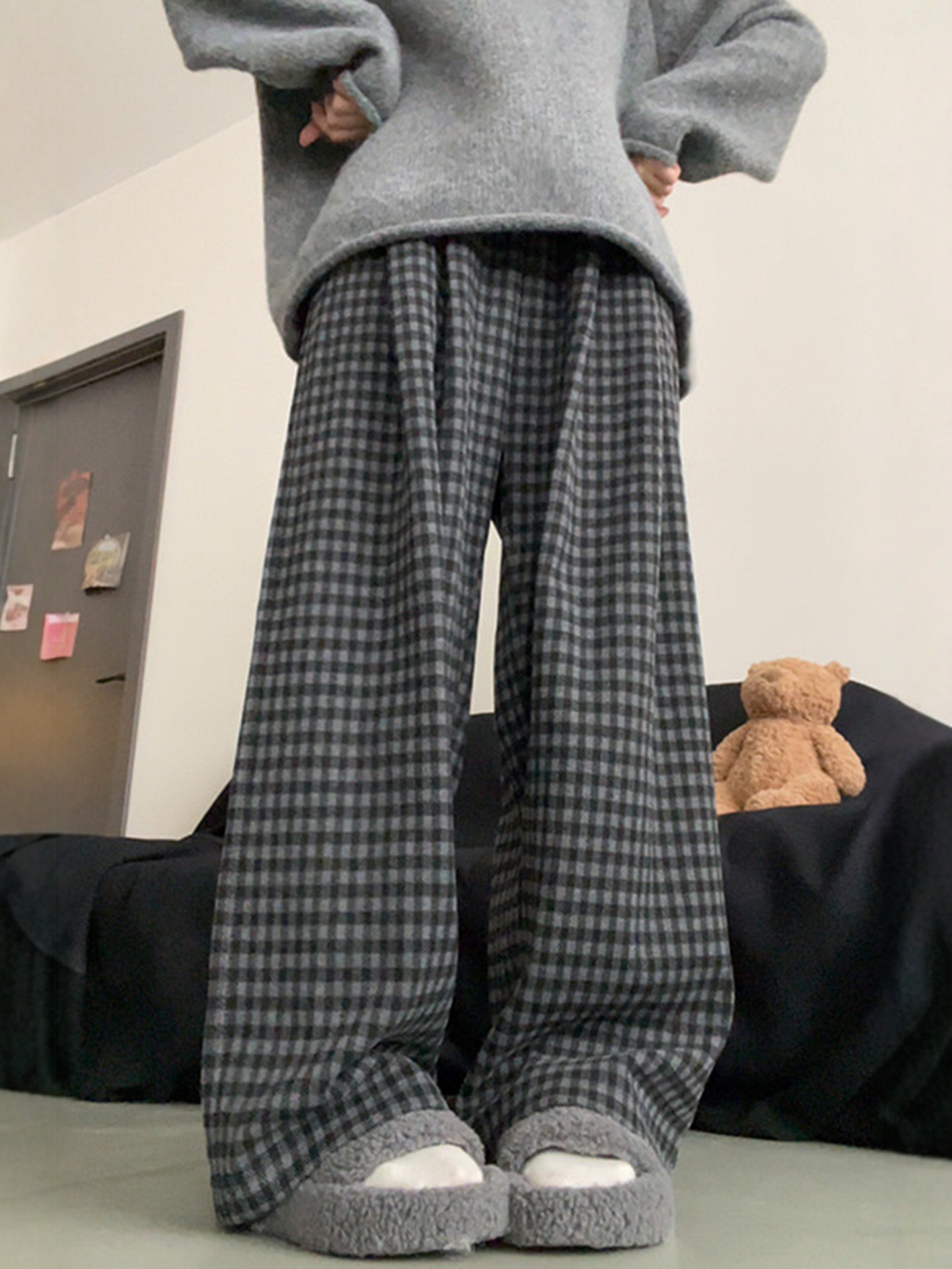 Retro Lazy Style Wide-Leg Pants for Women, Winter Fleece-Lined, Plus Size, High-Waisted, Loose, Drapey, Slimming, Casual Long Pants