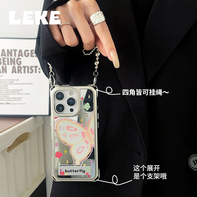 彩色蝴蝶夏天适用苹果14手机壳带挂绳16斜挎可背iphone15promax四角开孔镜面13背带12支架11挂链16pro链条