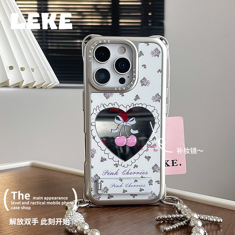 夏天爱心樱桃碎花适用苹果13手机壳带挂绳16斜挎可背iphone15promax四角开孔镜面14支架12链条手提16pro斜跨