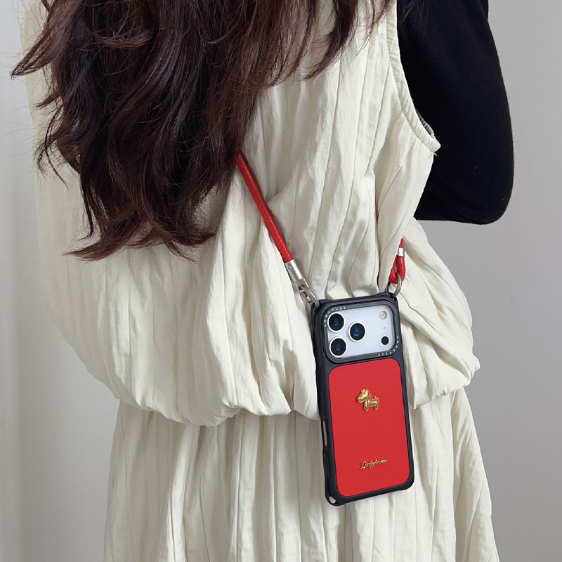 国风红色立体小马~适用iphone17手机壳带挂绳15斜挎可背苹果16promax四角防摔小米14懒人13手提12马年p80情侣