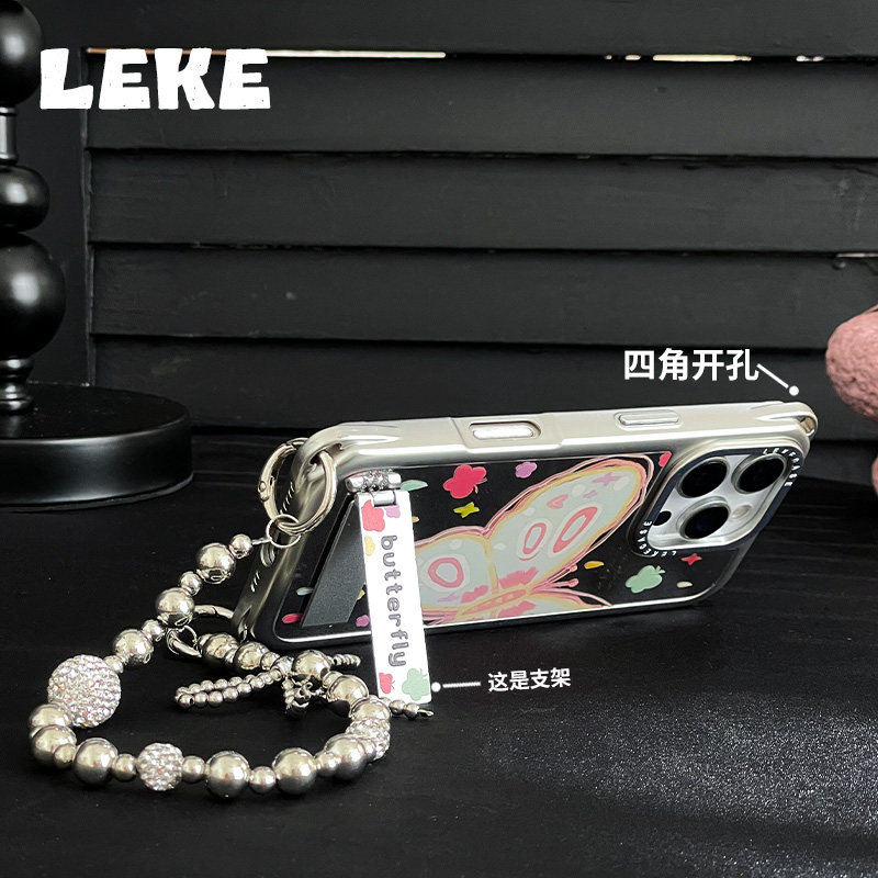 彩色蝴蝶夏天适用苹果14手机壳带挂绳16斜挎可背iphone15promax四角开孔镜面13背带12支架11挂链16pro链条