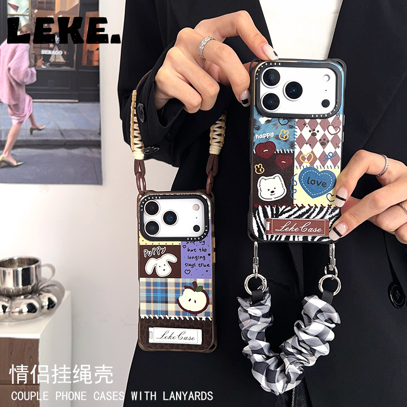 秋冬拼接小狗手机壳带挂绳斜挎