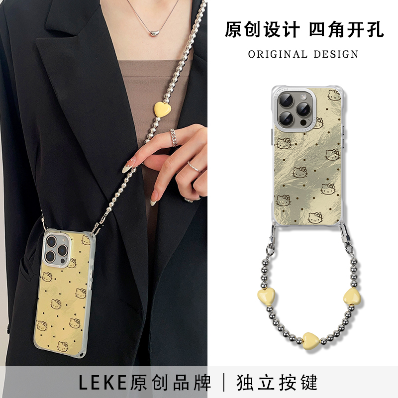 晕染金色波点猫咪适用苹果12手机壳挂绳斜挎可背iphone16promax四角开孔华为15背带斜跨14挂链手腕13链条手提