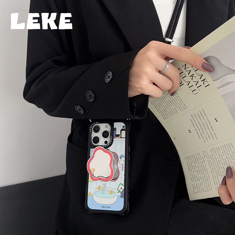 好看照镜子适用苹果16手机壳带挂绳17斜挎可背iphone17promax四角开孔13镜面支架15链条手提12挂链14背带p80