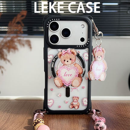 甜甜的爱心小熊~适用iphone17手机壳带挂绳15斜挎可背苹果16promax四角防摔13磁吸支架p80手腕12手提小米14