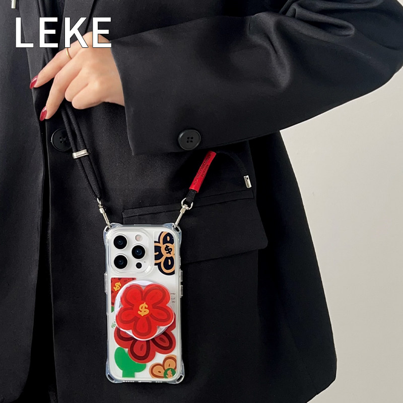 磁吸红色有钱花适用苹果13手机壳挂绳斜挎可背iphone16promax四角开孔15背带斜跨17链条手提12挂链新年14支架