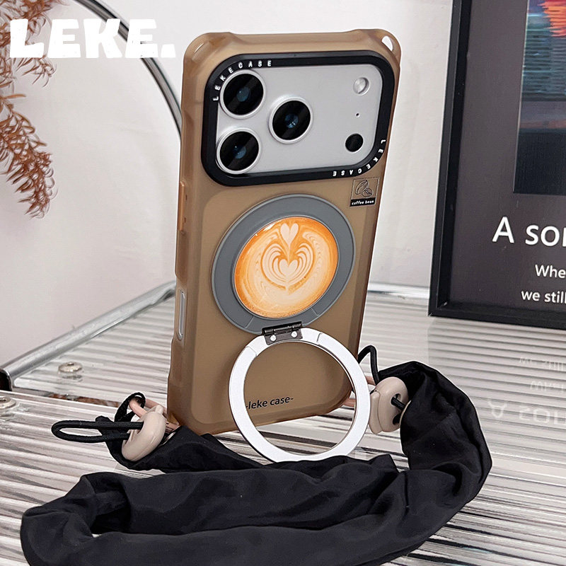 秋冬拉花咖啡支点适用苹果17pro手机壳带挂绳iphone16promax四角开孔透棕15旋转支架13手腕小米14手提12华为