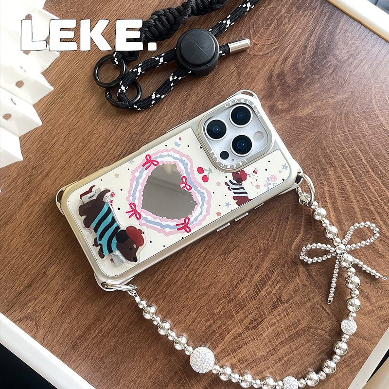 韩系爱心腊肠狗适用苹果16手机壳带挂绳斜挎可背iphone15promax四角开孔镜面13支架14链条11手提12背带斜跨15