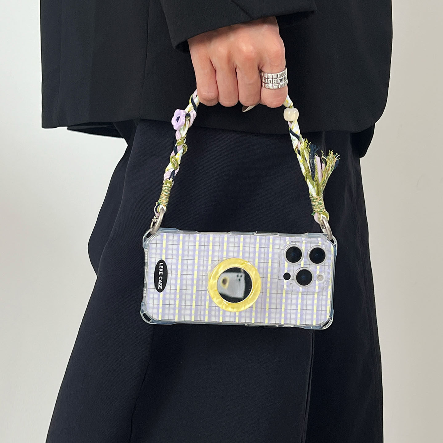 韩系紫黄格~适用苹果13手机壳带挂绳16手腕iphone17promax四角防摔小米15镜子支架14懒人12手提pura80春天11