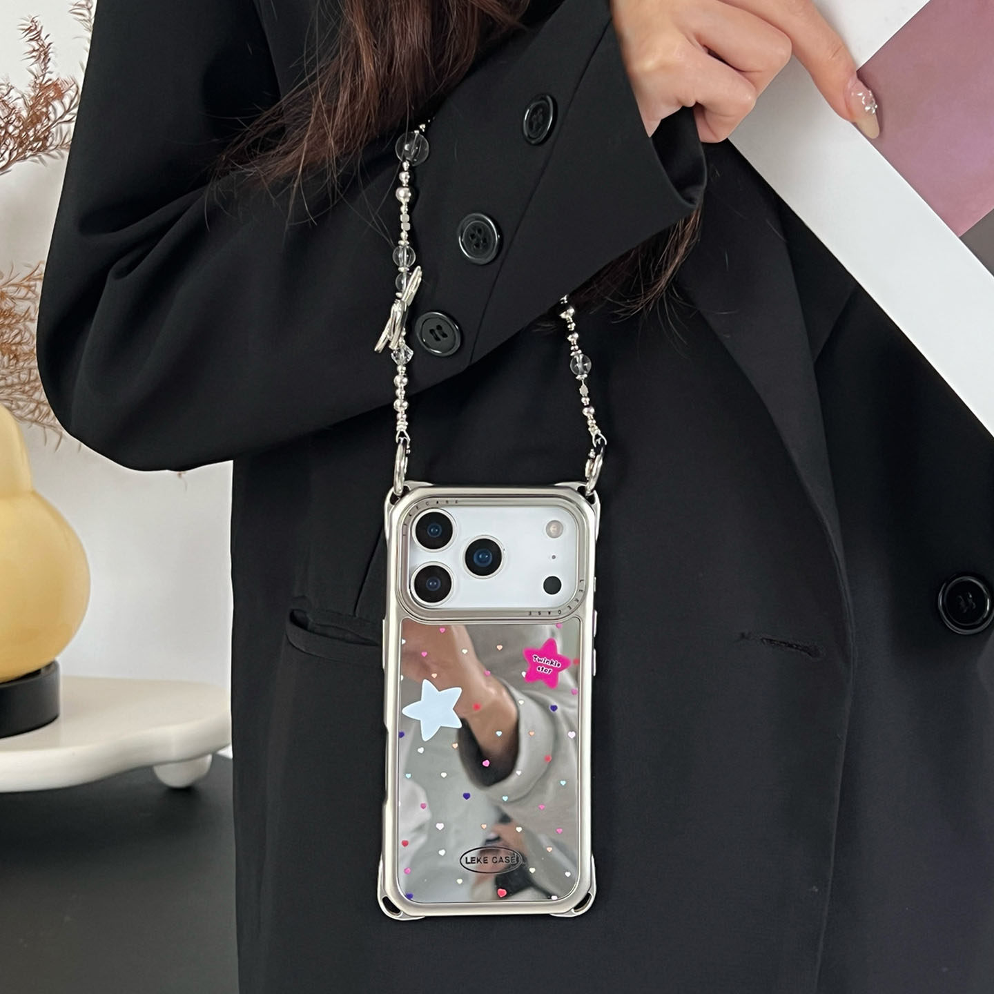 韩系星星守护~镜面适用苹果17手机壳带挂绳16手腕iphone15promax四角防摔小米14链条串珠13挂链p80懒人手提12