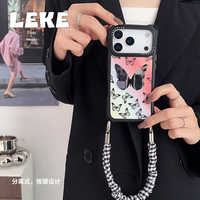 幻彩蝴蝶结高级感小众适用苹果17手机壳带挂绳iphone16promax手腕15四角开孔小米14镜面12手提13包包pura80