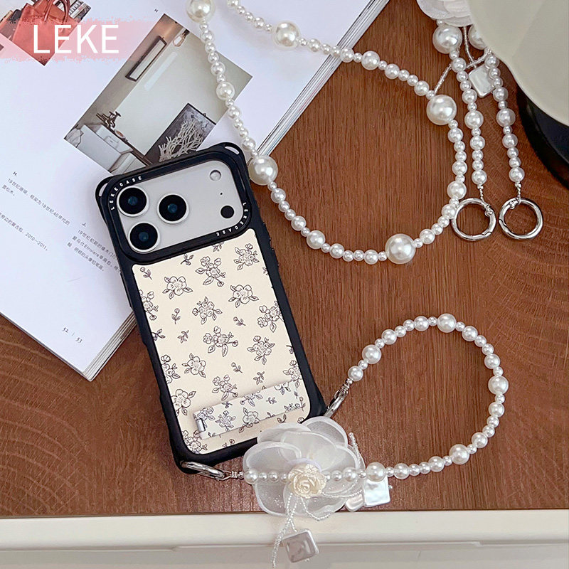 蓝碎花秋冬小众适用苹果17pro手机壳带挂绳16斜挎可背iphone17promax四角开孔皮质15珍珠链条12手提13挂链14