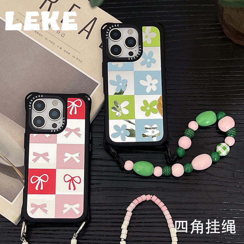 韩系花花蝴蝶结适用苹果17pro手机壳带挂绳iphone16promax斜挎可背17四角开孔小米15镜面14链条手提13背带12