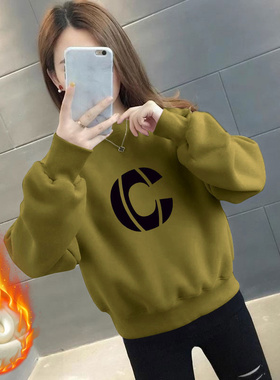 圆领宽松长袖加绒卫衣女秋冬季新款韩版洋气减龄大码显瘦加厚上衣