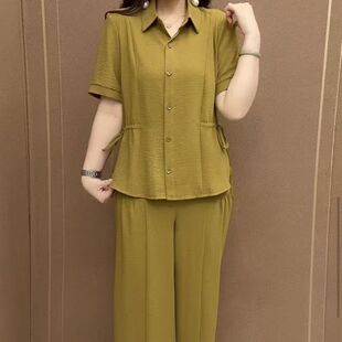 棉麻休闲运动套装女夏季2026新款时尚小个子翻领短袖妈妈装两件套