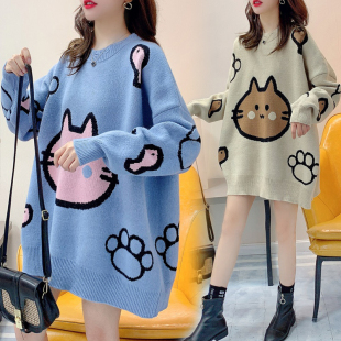 时尚 套装 冬装 打底衫 毛衣女加厚潮 超大码 宽松200斤中长款 孕妇秋装