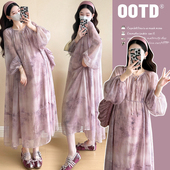 碎花裙宽松显瘦长款 大码 系带圆领灯笼袖 春夏季 连衣裙200斤 孕妇装