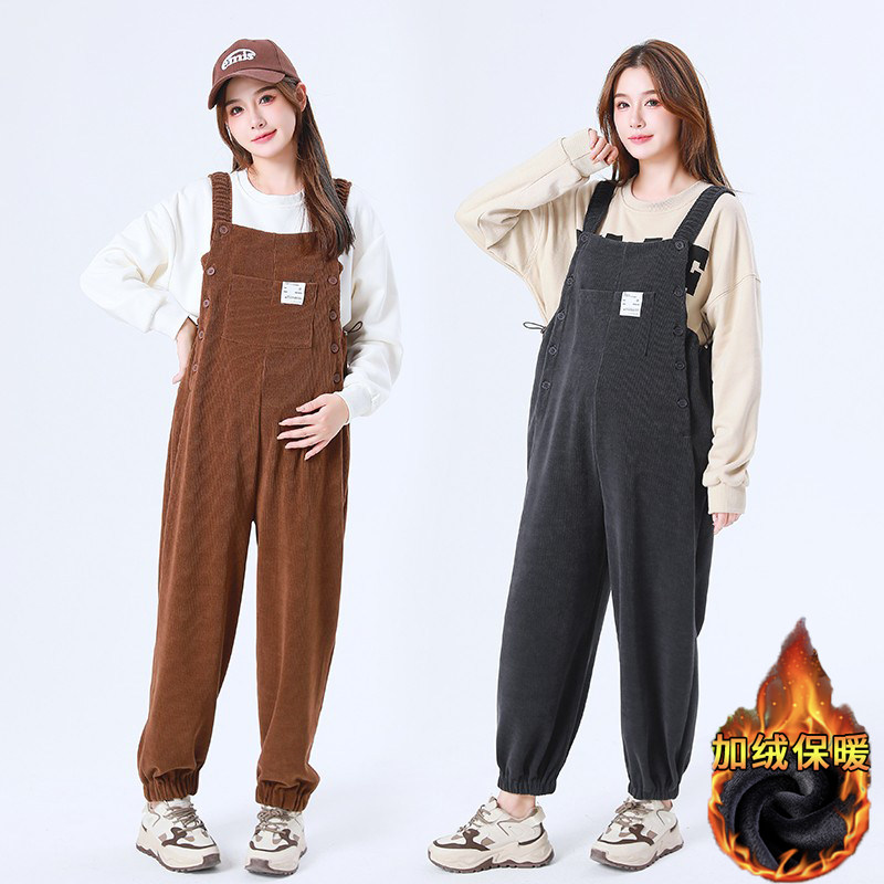 大码孕妇背带裤秋冬季欧棉绒加绒加厚抽绳收腰束脚连体长裤200斤