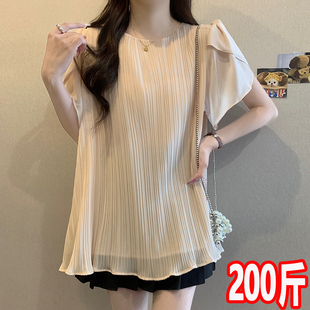 大码孕妇纯色压褶雪纺衫2026夏季新款气质百褶短袖上衣宽松200斤