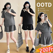 孕妇套装 T恤托腹短裤 2026夏季 撞色POLO领短袖 两件套200斤 新款 大码