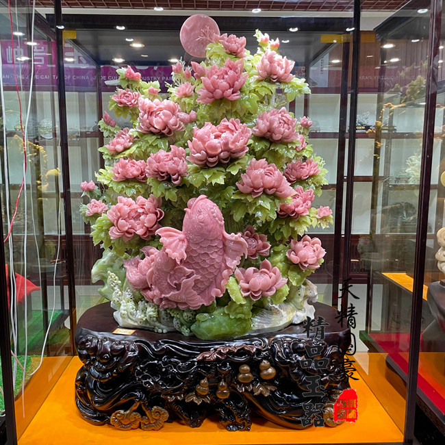 玉石摆件客厅天然岫玉摆件原石玉雕摆件家居玄关乔迁礼品牡丹花
