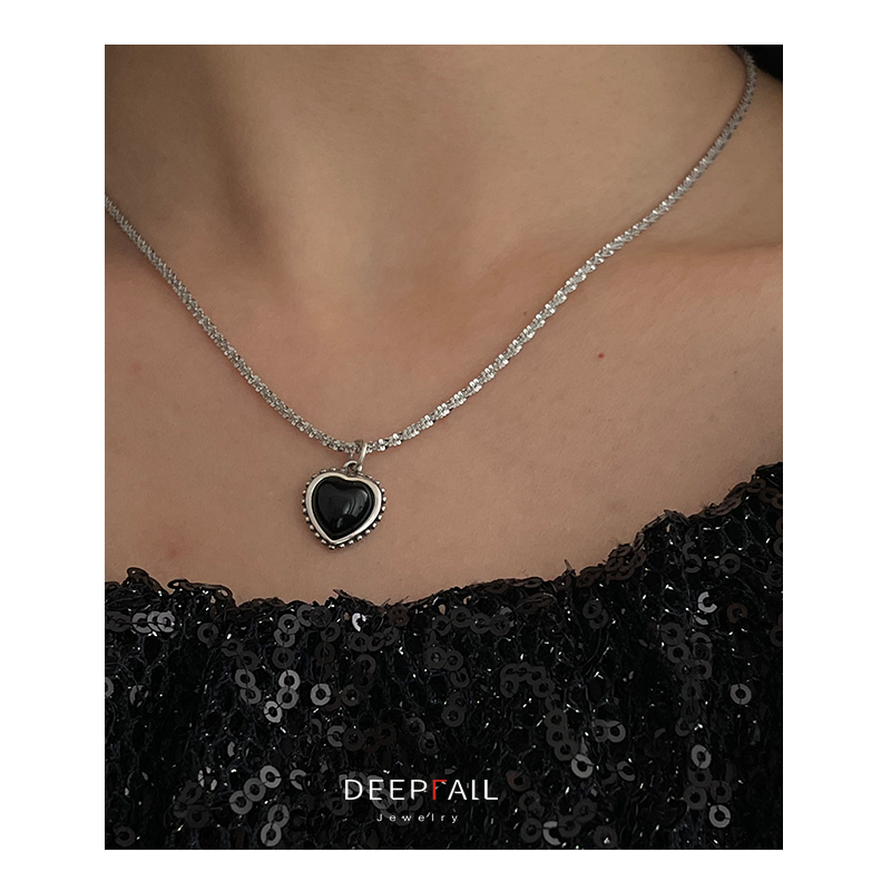 deepfall新品银河链黑玛瑙爱心吊坠通体925纯银复古锁骨链女简约