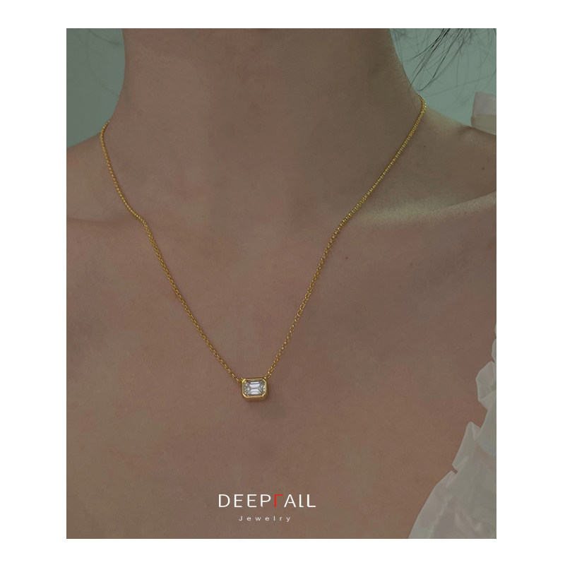 【DEEPFALL】经典方糖祖母绿切割1克拉莫桑石项链轻奢纯银锁骨链