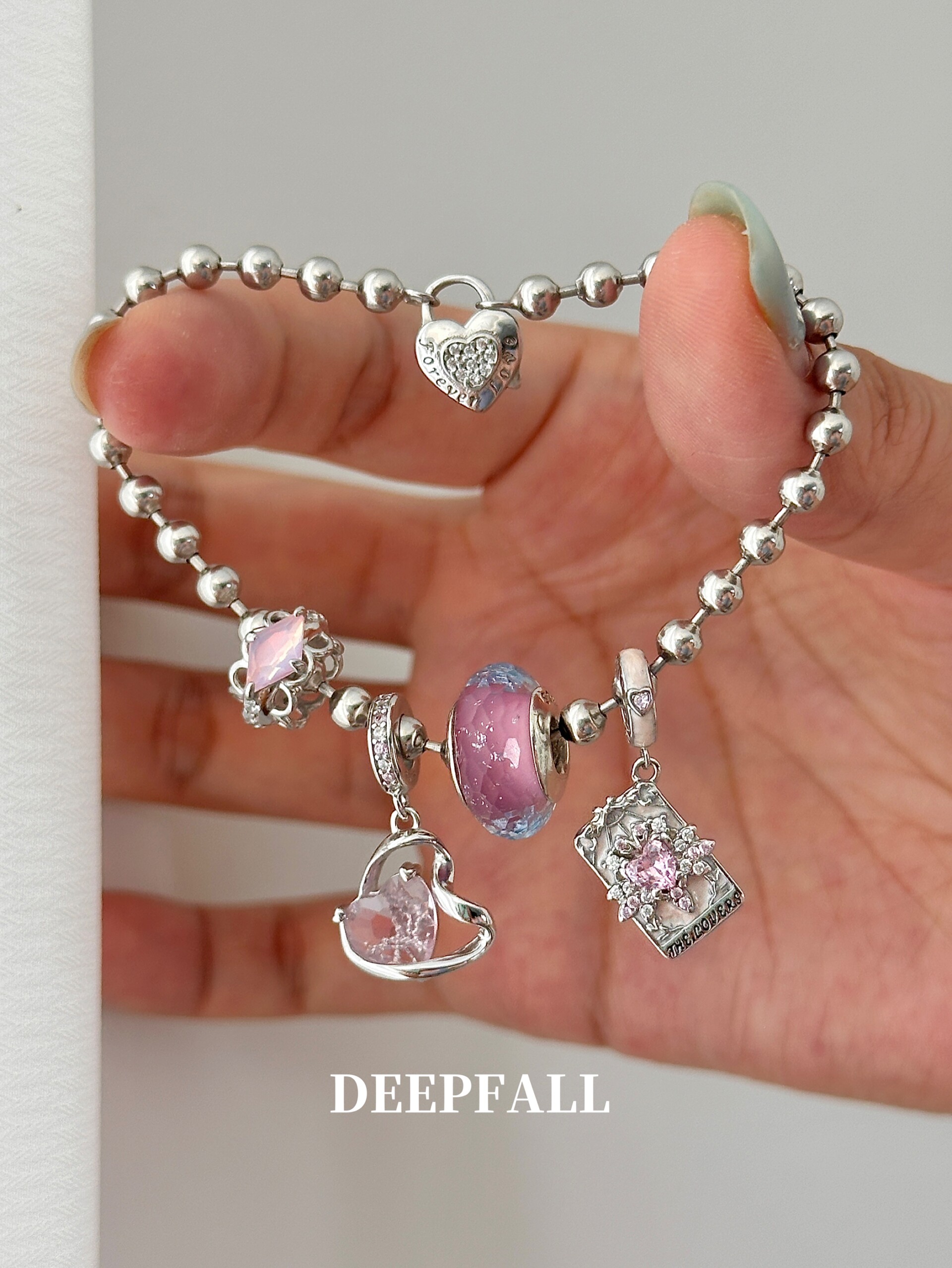 DEEPFALL【塔罗恋人】s925纯银手镯粉色系diy搭配可拆卸吊坠手镯