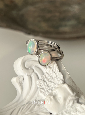 天然白欧泊纯银镶嵌戒指可调节