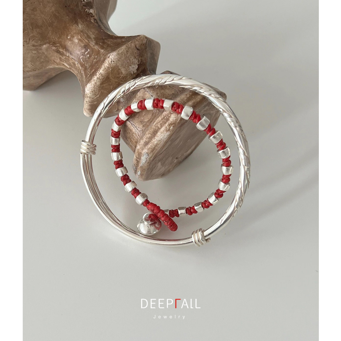 DEEPFALL999足银手镯 工匠手工编织麻花做旧素银推拉镯子复古灵动